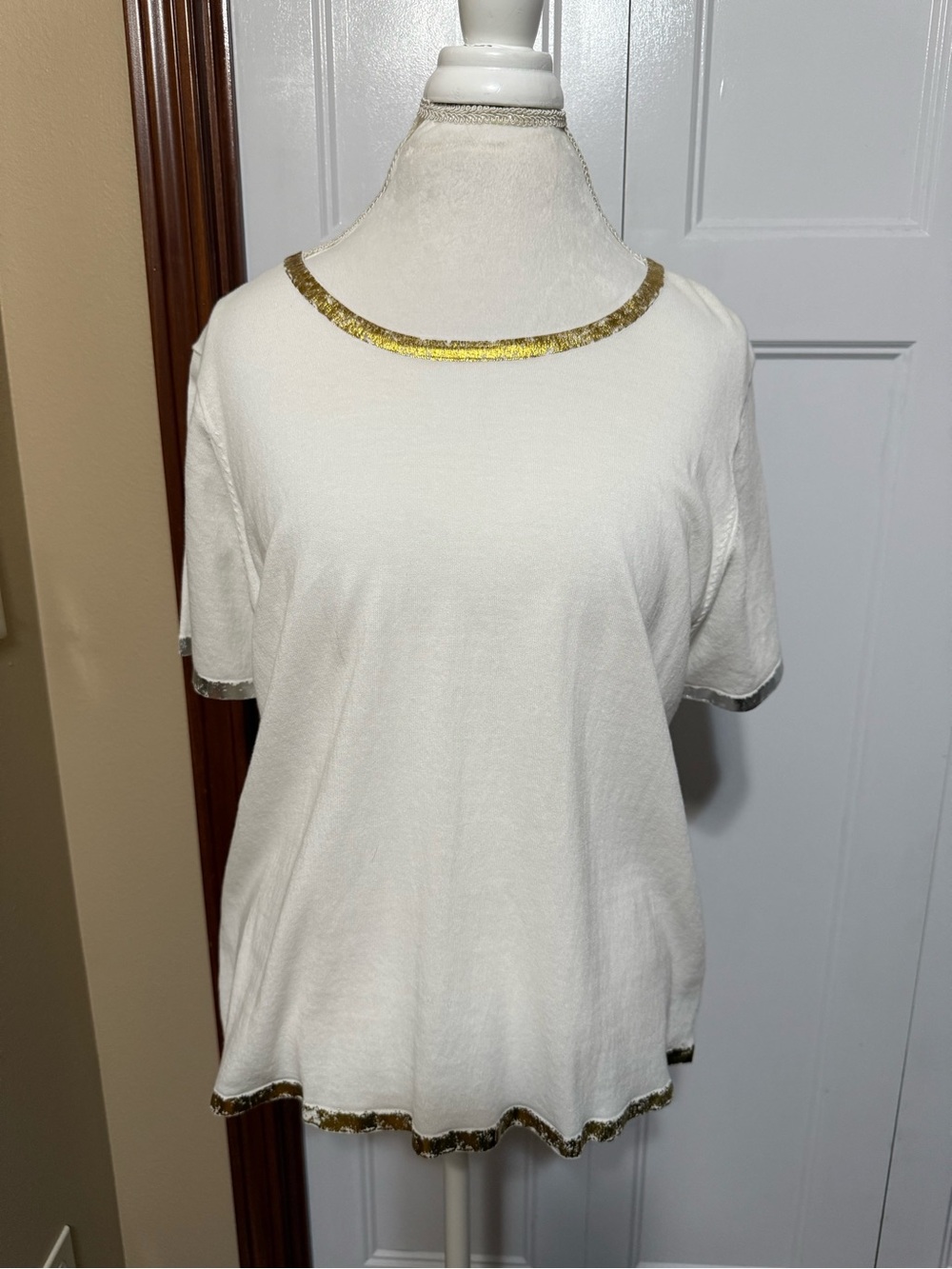 Peace of Cloth White Knit Cotton Metallic Gold Silver Trim Pullover T-Shirt XL